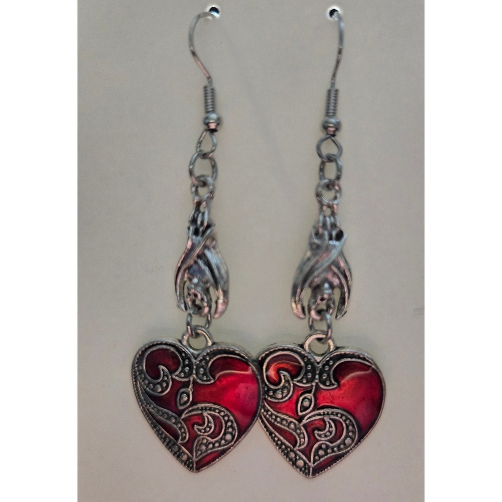 Gothic Bat Red Enamel Heart Drop Earrings Silver Tone Vampire Halloween Jewelry
